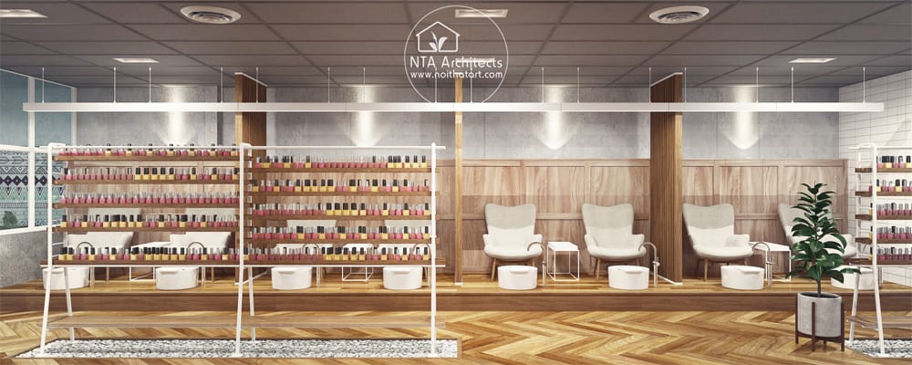 VIP Nails – Thiết kế tiệm nail ở Mỹ phong cách Zen Kệ để lọ sơn được thiết kế riêng và ghế ngồi làm móng phù hợp với tiệm nail ở Mỹ