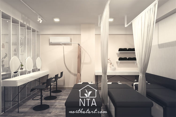 89+ mẫu thiết kế phòng gội đầu dưỡng sinh đẹp siêu thư giãn Phòng gội đầu dưỡng sinh mini 3 giường được thiết kế theo phong cách hiện đại giúp tiết kiệm chi phí